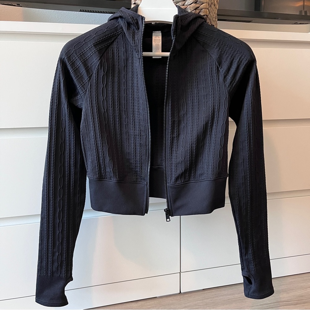 Alo Yoga Black Funnel Neck Cable Knit Fitted Hoodie Jacket with Thumbholes